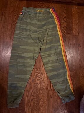Aviator Nation Olive Camo Joggers with Rainbow Side Stripes